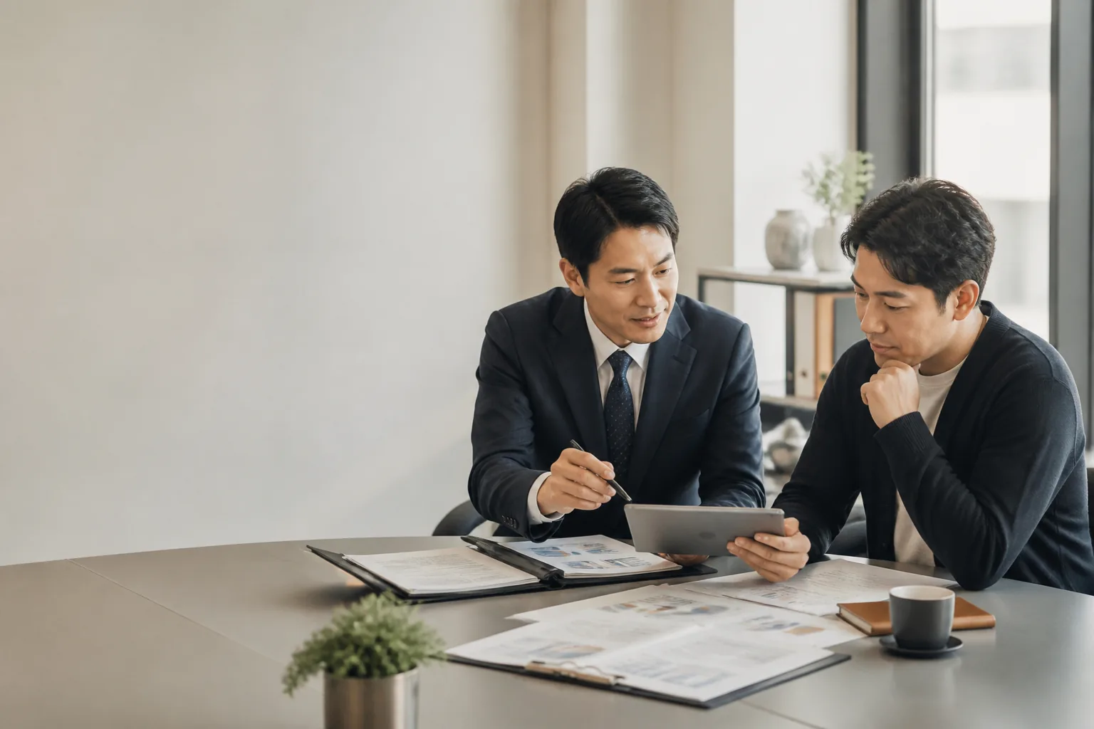 전문 컨설팅 자료를 검토하는 기업 담당자와 상담자