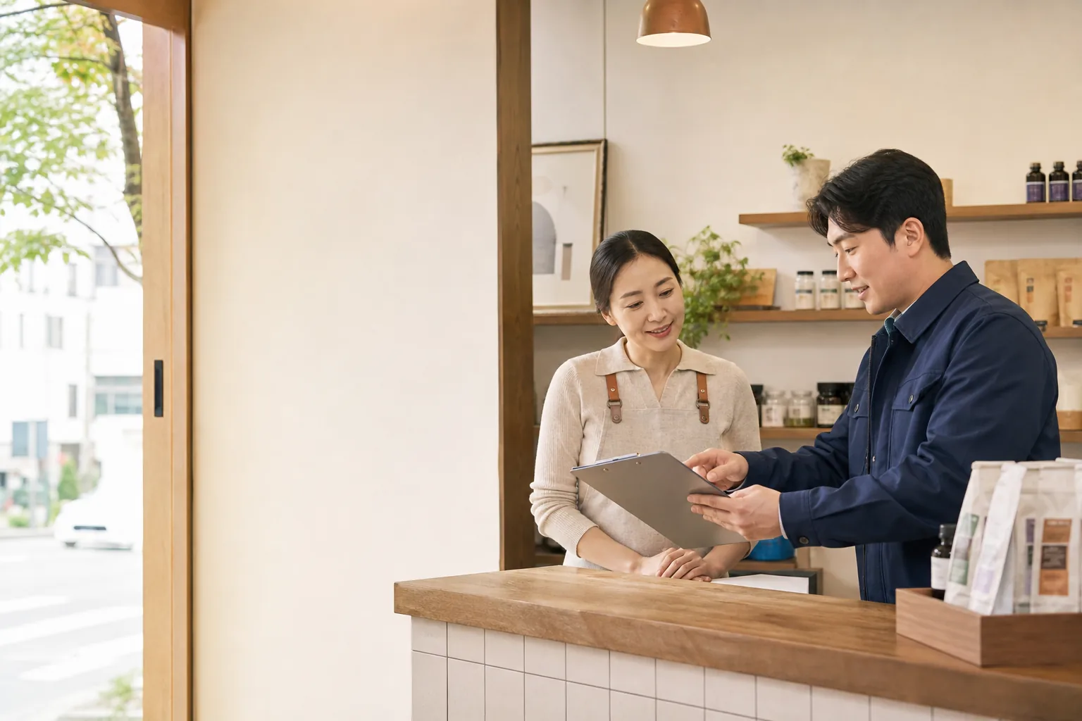 동네 가게에서 영업 상담을 나누는 사업자와 담당자